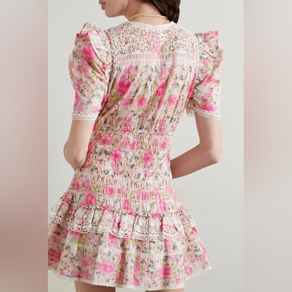 LoveShackFancy Rena Crochet-Trimmed Shirred Floral-Print Cotton-Voile Mini Dress - Picture 4 of 10